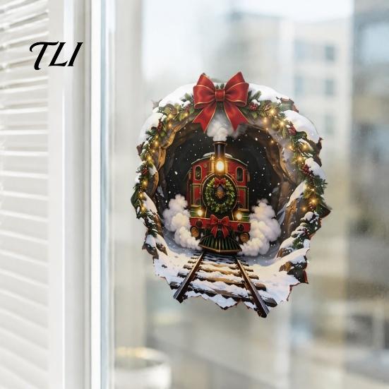Winter Wonderland Decals Christmas Vintage Steam Train Static Window Sticker, 3D Broken Wall Effect Glass No Glue Stickers No-Adhesive Decal for Xmas