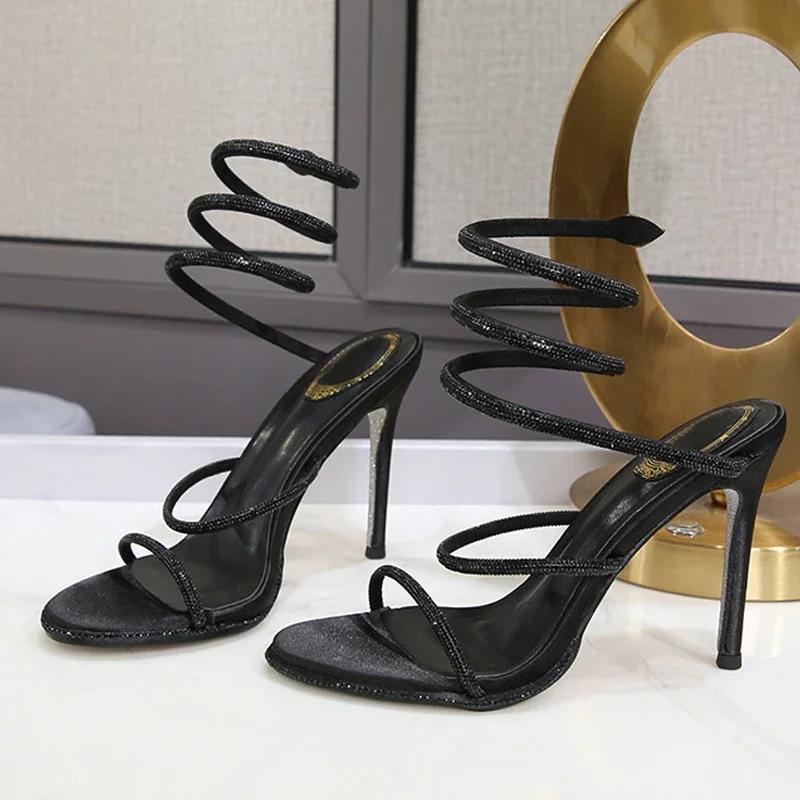 Fashion Stunning Pink Rhinestone - Embellished High Heels: Snake - Like Wrap - Around Design for A Sexy Look, Perfect for Special Events