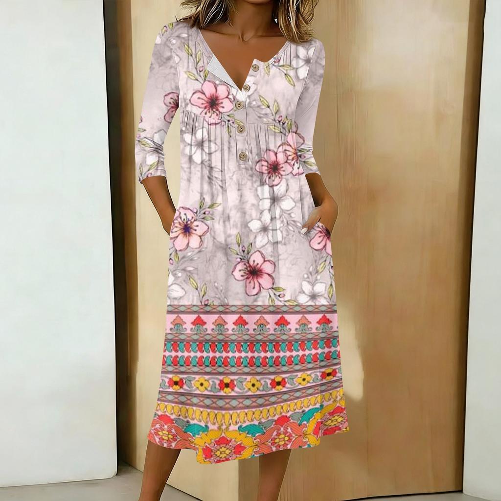 Women's Fashionable Color Printed Round Neck 3/4 Sleeve Button Collar Mid Length Casual Dress
