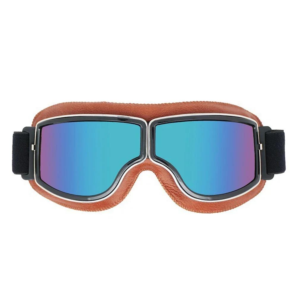 Vintage Pilot Motorcycle Goggles UV400 Windproof Scratch Resistant PC Lens with Leather Trim for Open Face Helmet