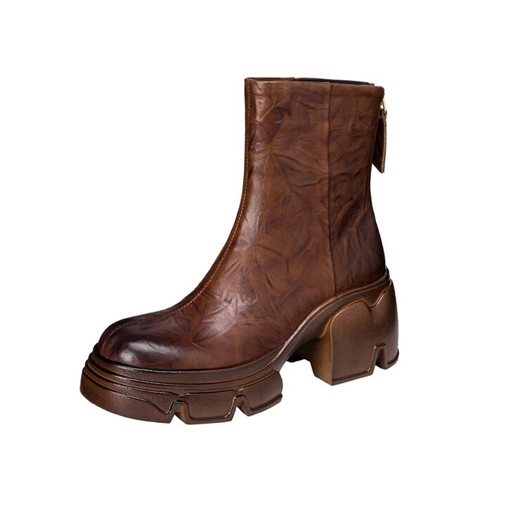 Fashion NEW Autumn Women Boots Genuine Leather Shoes for Women Round Toe Chunky Heel Shoes Concise Zip Platform Boots Soft Daily Shoes