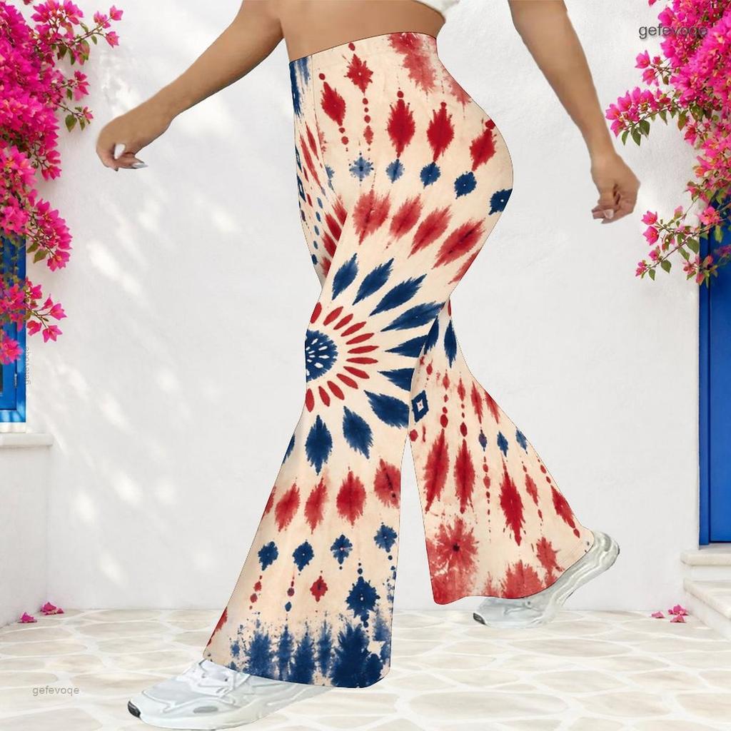 Women Plus Size High Waist Full Length Flared Pants Navy Blue Sparkle Starry Printed