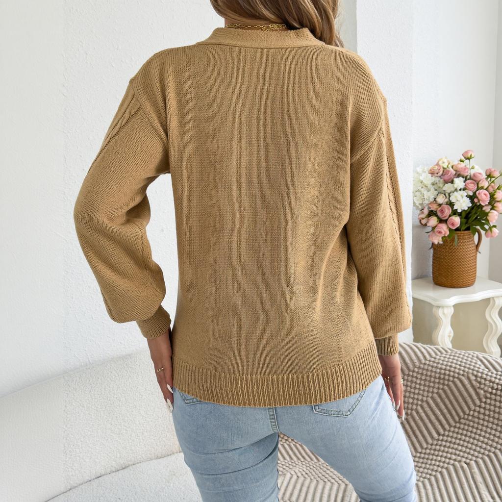 Women's V-Neck Cutout Sweater - Color Knit Pullover for Casual Daily Wear