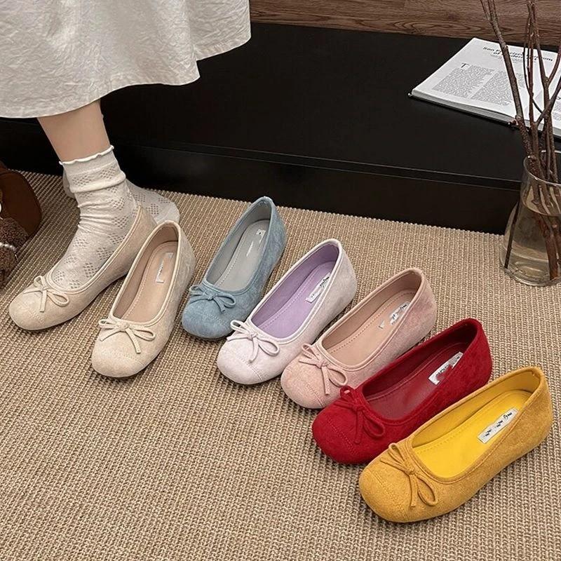 French bow round head ballet shoes fairy shoes flat gentle evening shoes autumn new women's small single shoes