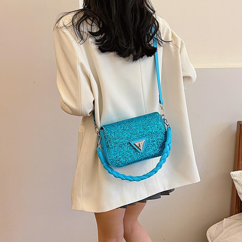 IELGY woven flower handbag, versatile foreign style shoulder crossbody flash sequined small square bag