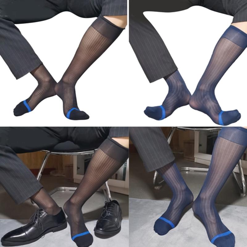 Mens Thin Sheer Dress Socks Nylon Breathable Business Over Calf Striped Stockings