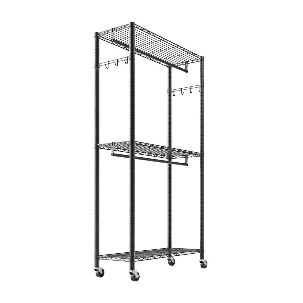 Rolling Clothes Rack, Heavy Duty Clothing Garment Rack, 3 Adjustable Tiers Clothing Racks with Carbon Steel, 204 kg Load Capacity Closet Wardrobe for