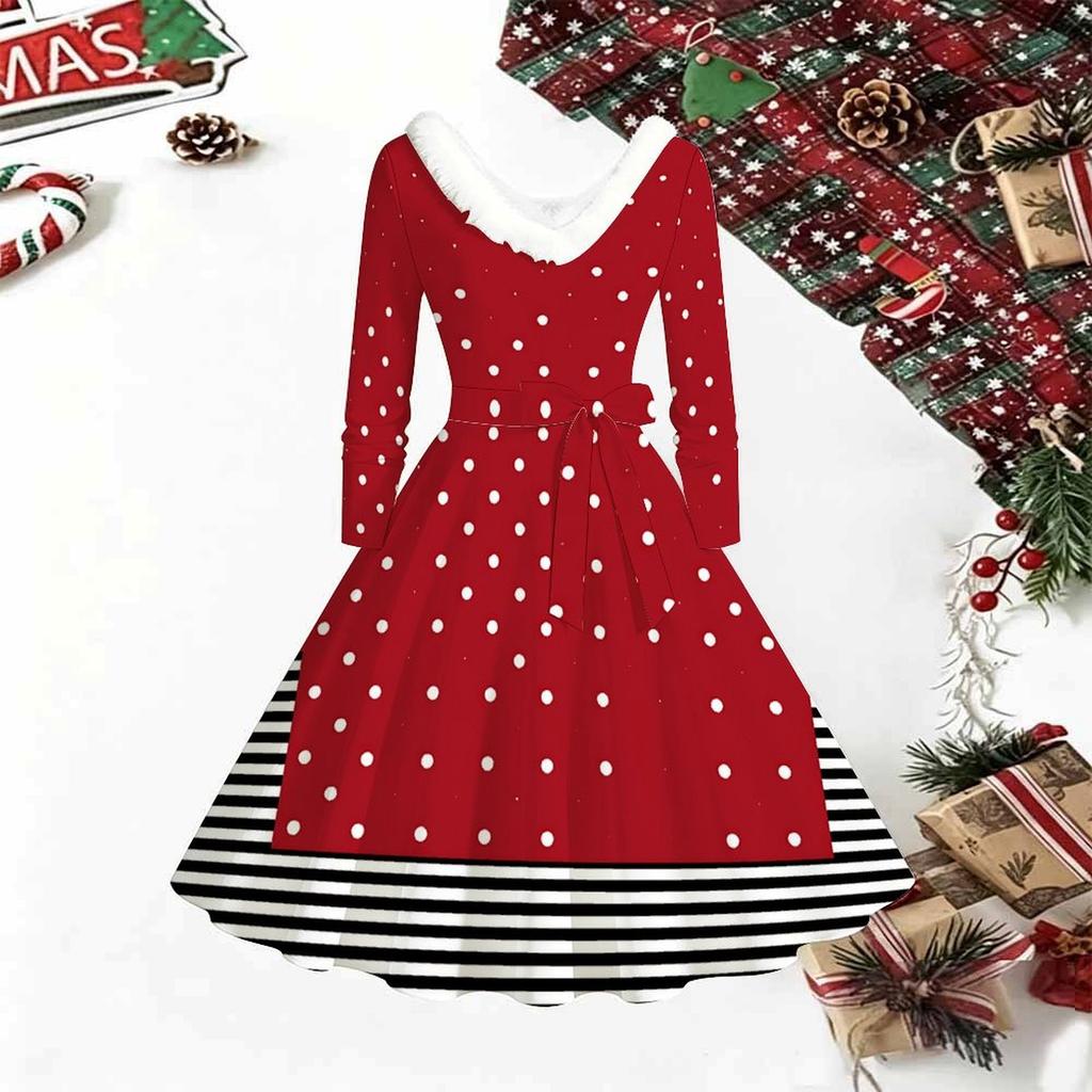 Women Geometric Pattern Print Midi Dress, Long Sleeve V‑Neck Furry Trim A‑Line Party Dress, Christmas Limited Edition
