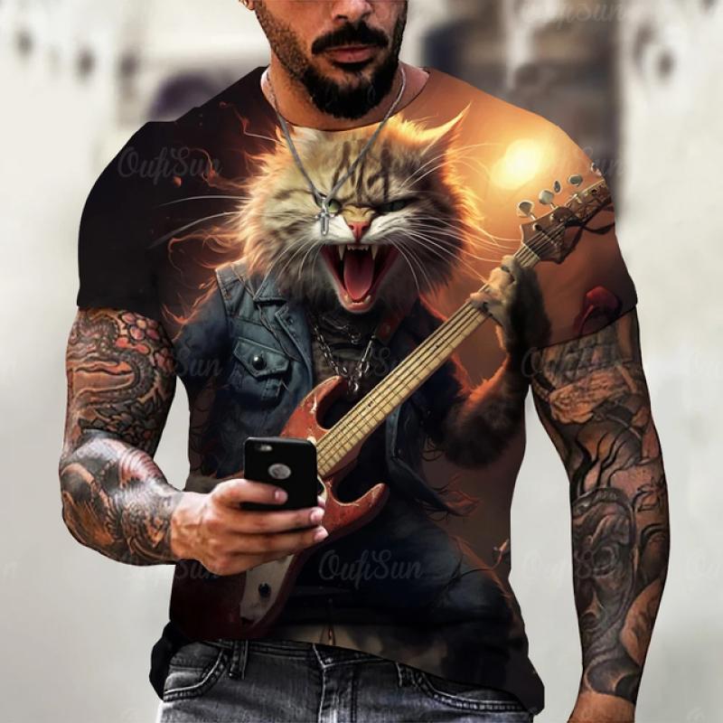 Samurai Cat O-Neck Men's Shirts Summer Male 3d Print Short Sleeve T Shirts Oversized Man Casual Top Tees Daily Animal Clothing