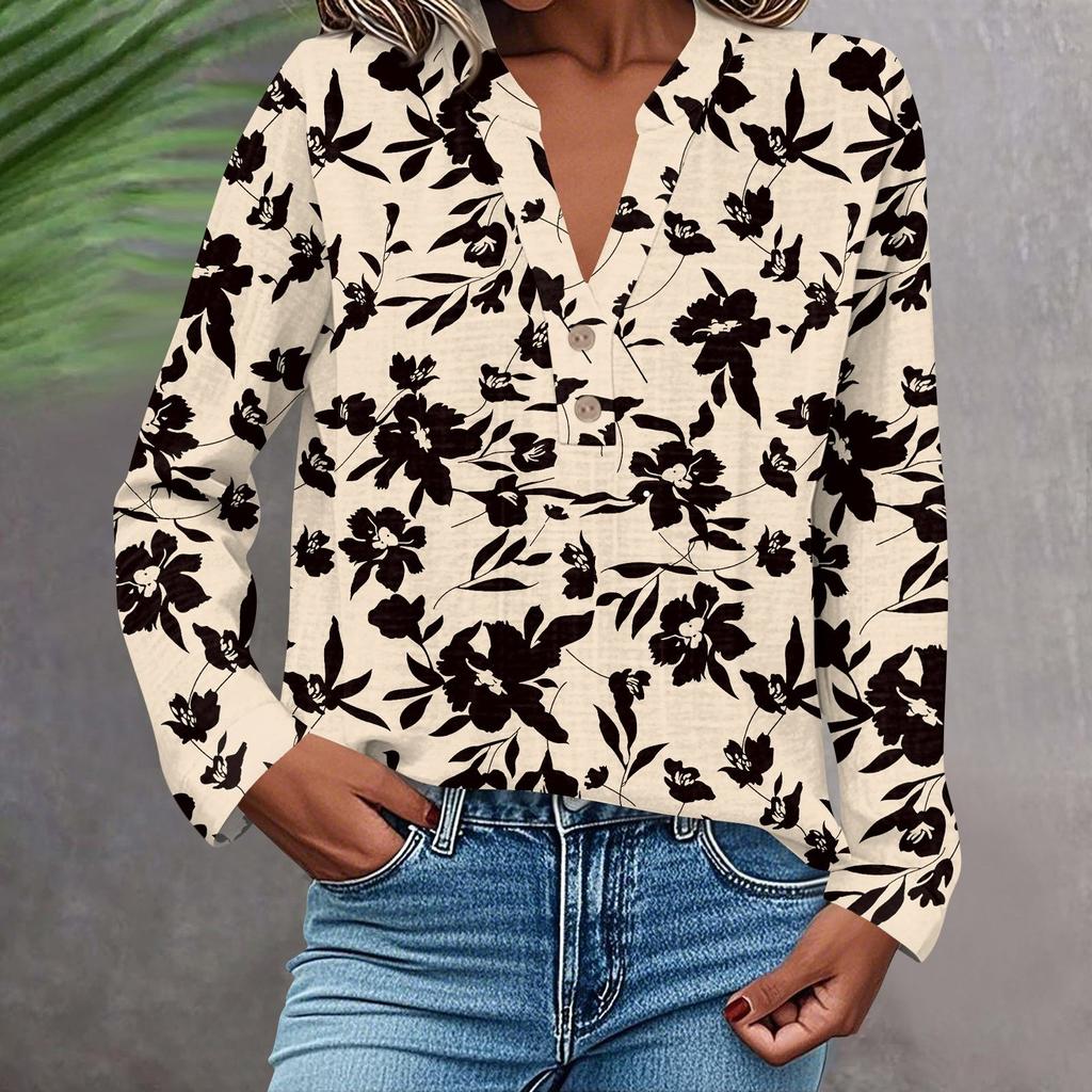 Camisa de Moda y Casual para Mujer Manga Larga Cuello en V Botones Estampada Blusa Top