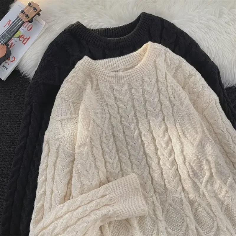 Men's White Cable Knit Sweater, Thick Loose Fit, Round Neck, Autumn/Winter, American Fashion Brand