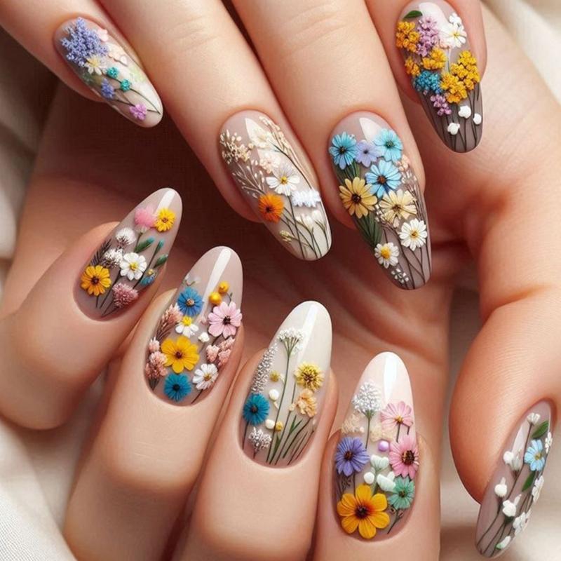 

24 шт. Миндальные накладные ногти с цветами, французские накладные акриловые ногти, искусственные ногти, клей для ногтей для женщин и девушек 1