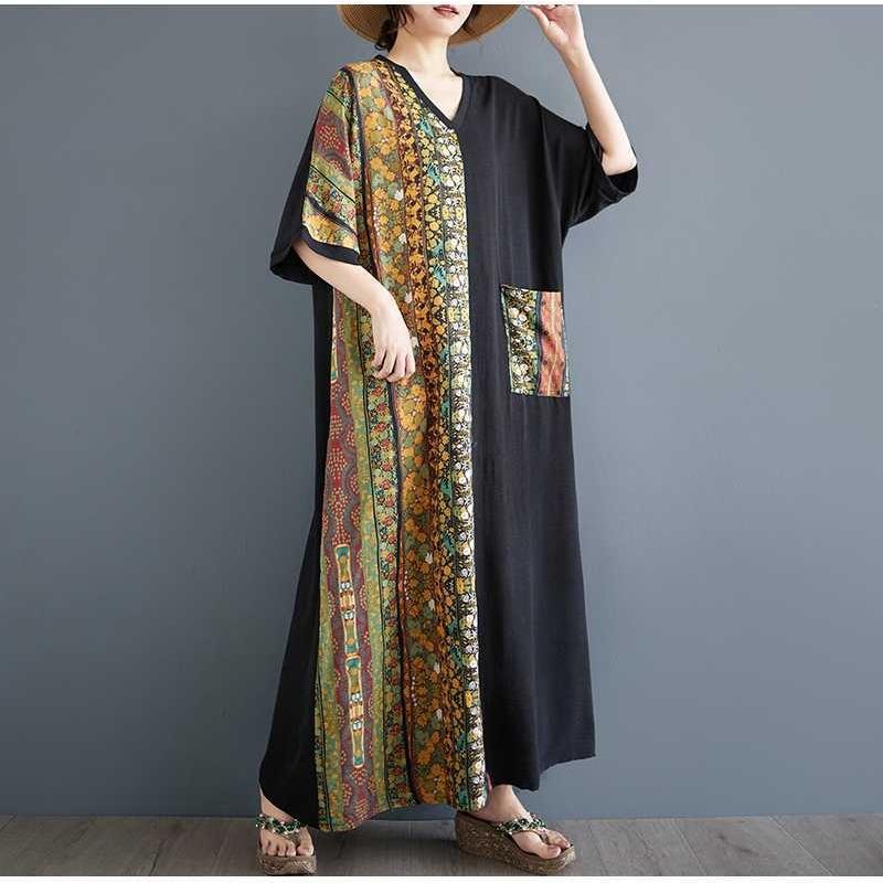 Summer Cotton and Linen Printed Contrasting Dress, Women's Casual Dress