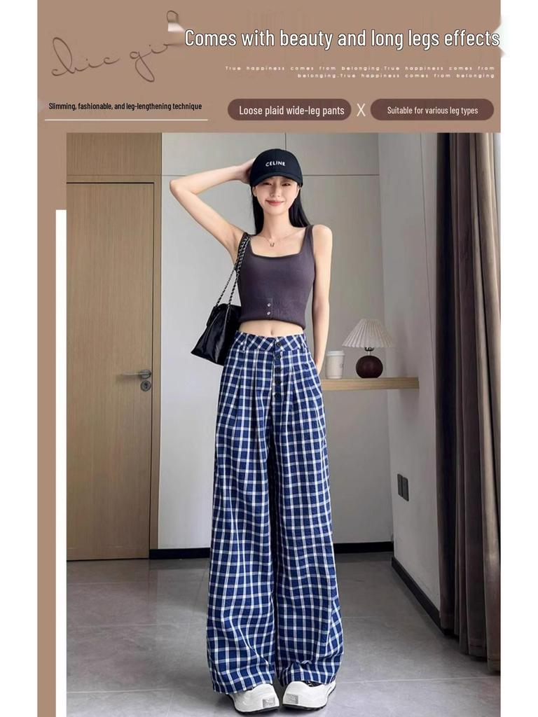 Women's Blue Retro Plaid Double-Breasted Wide-Leg Pants - Zhao Lusi Spring & Autumn Style