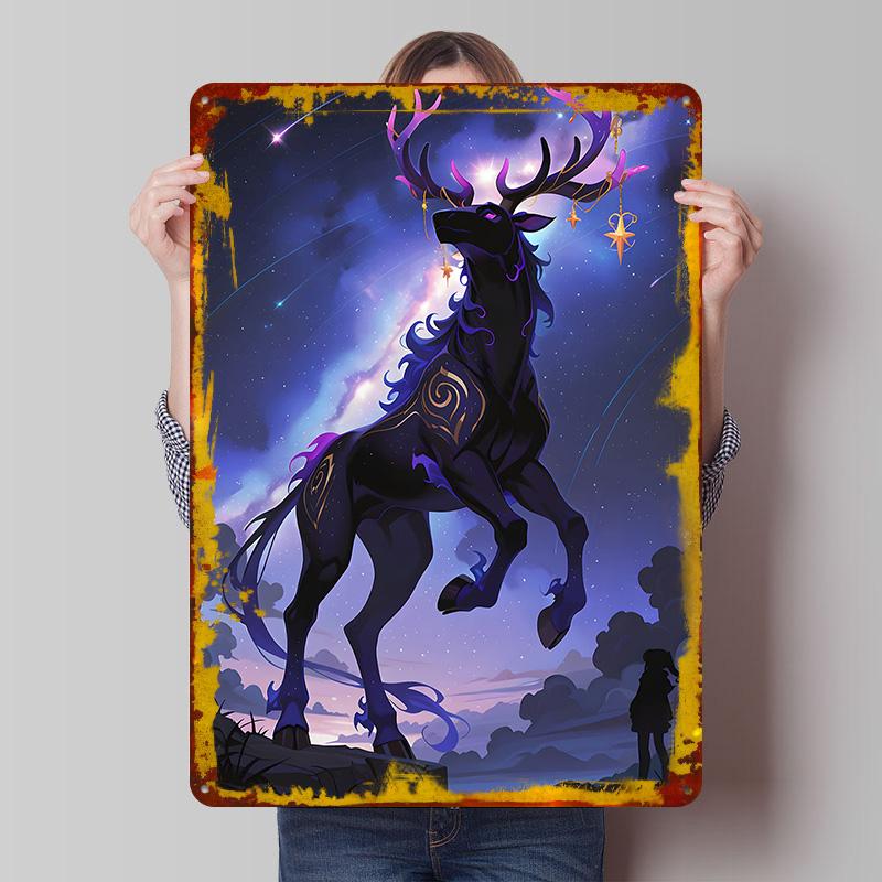Celestial Deer With Starry Antlers Tin Plaque Poster Customized Wall Art Retro Vintage Metal Signs for Man Cave Home Decor Items