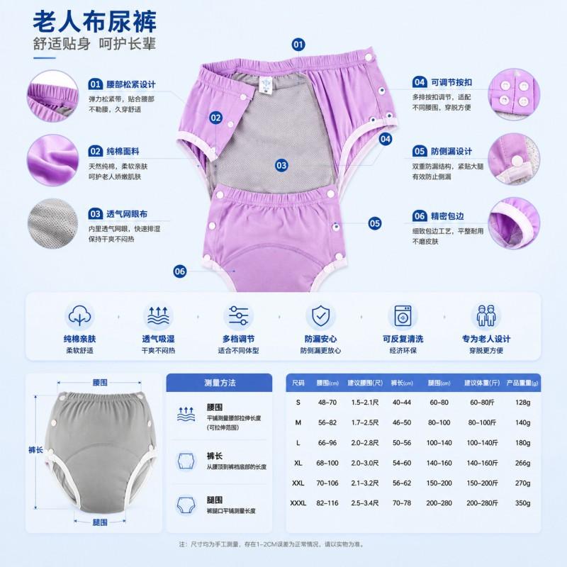 Reusable Adult Incontinence Pants Cotton Washable Leakproof Breathable Adjustable Snap Elderly Disabled