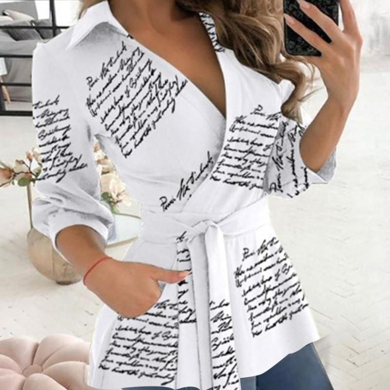 Women's Autumn Printed Long Sleeve V-Neck Belted Shirt