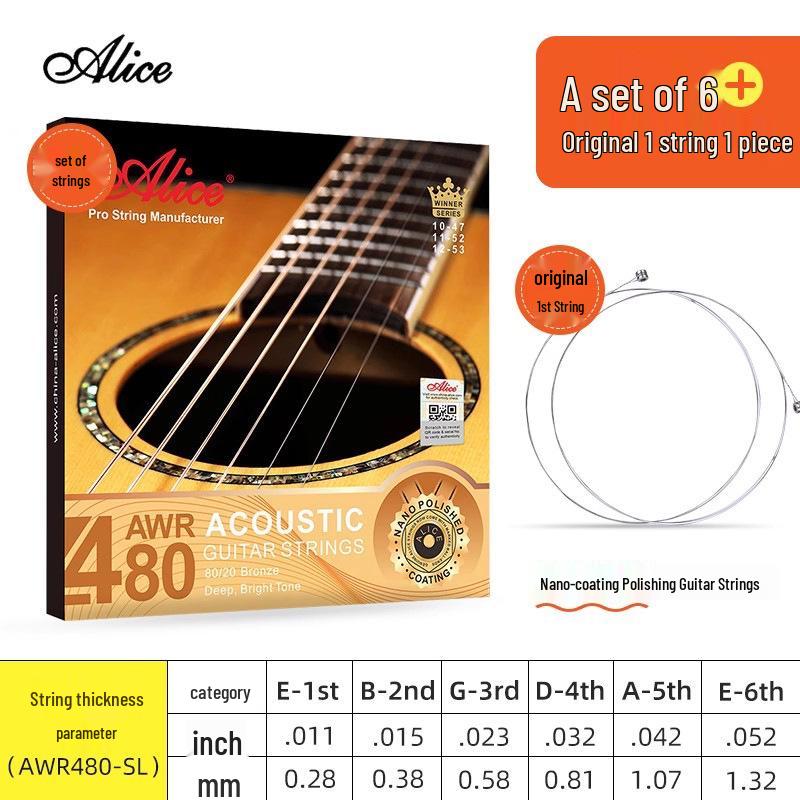 Corde per Chitarra Acustica Alice Folk - Set Completo da 6 (Corde 1ª, 2ª, 3ª come Singole)