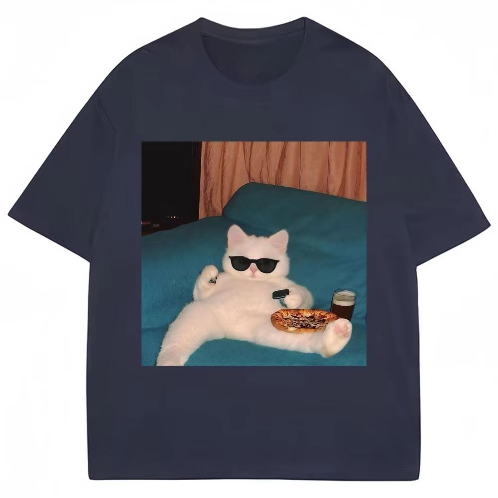 HOT SALE Funny Glasses Cat and Pizza Meme T-shirt Men Women Creativity Fashion Kawaii T Shirts Loose Cotton Casual Tees Cat