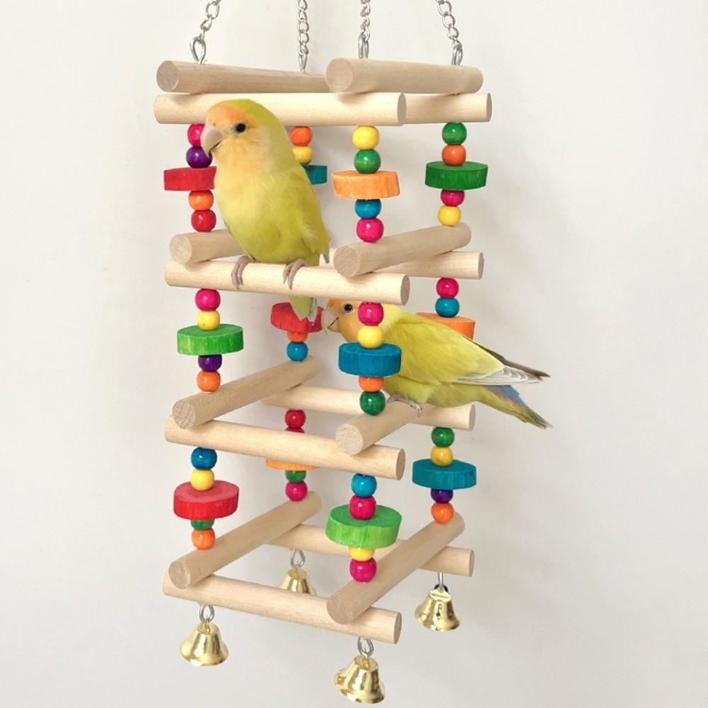Colorful Wooden Parrot Chew Bite Resistant with Bells Parrot Swing Hanging Multi Layer Bird Cage Standing Training