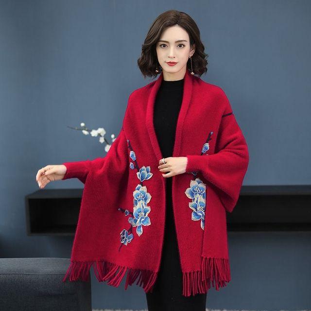 Pelerina din lână de nurcă șal cu franjuri pentru iarnă, cu dublu scop, brodat, pulover cu mâneci lungi, îngroșat, prietenos cu pielea