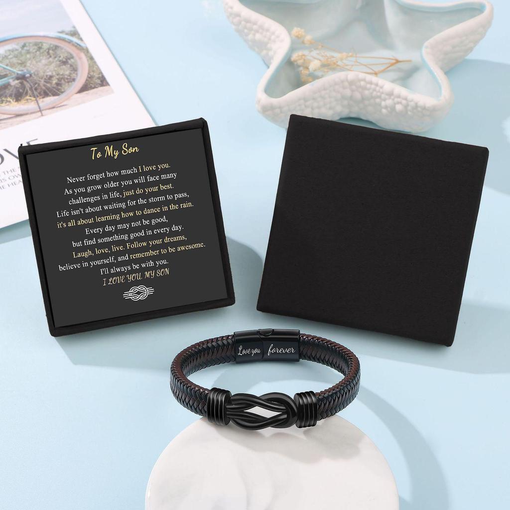 Bracelet en cuir avec nœud infini en acier inoxydable pour homme - Cadeau personnalisable pour les fils