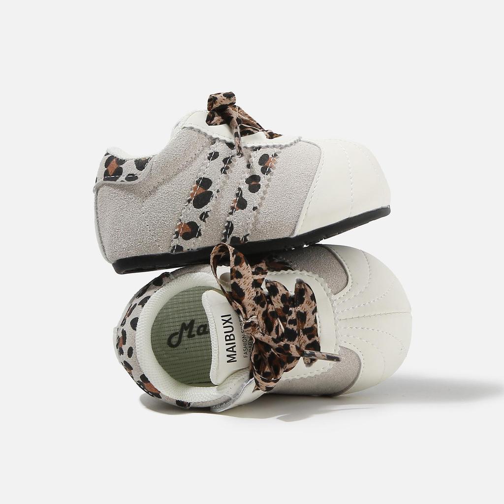 Spring 2026 Girls' Retro Leopard Print Baby Walker Shoes - Ugly Cute, Color Block Design.