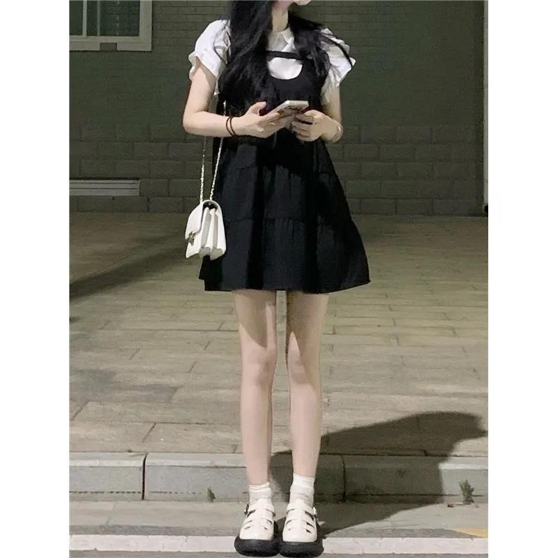 Malý školní styl Sladké a cool Horká holka Šaty s límečkem POLO a nabíranými rukávy Falešná dvoudílná sukně