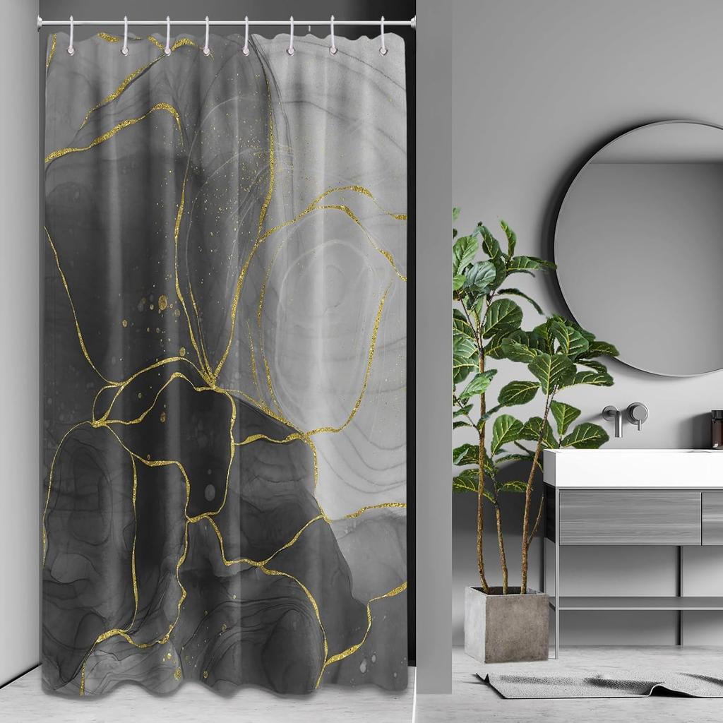 Marble Black and Gold Shower Curtain, Modren Abstract Shower Curtains for Bathroom Decor Crack Mens Bath Curtain Set, Waterproof