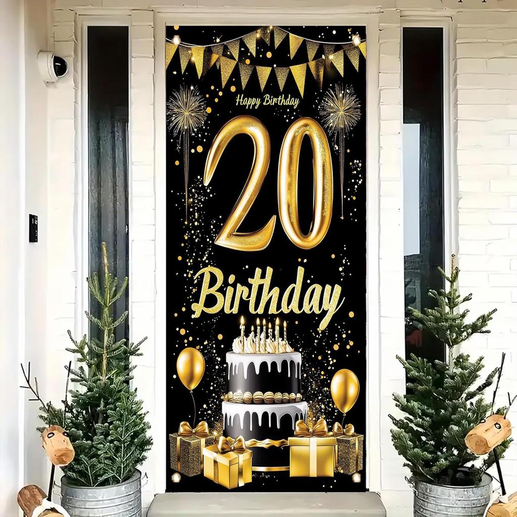 18th Birthday Door Cover Decoration 71 x 35 Inch Black and Gold Cake Banner with Balloons and Gifts for Eighteenth Birthday Party Supplies Happy 18