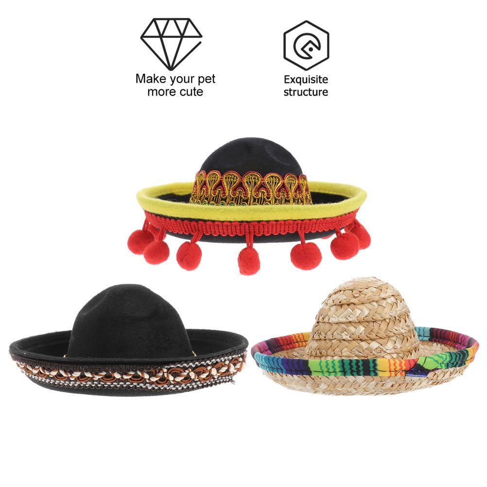 POPETPOP 3-Piece Sombrero Party Hats for Halloween Dog Costumes, Sombrero Headbands with Small Ball Hair Hoops for Pet Kitten Party Decorations
