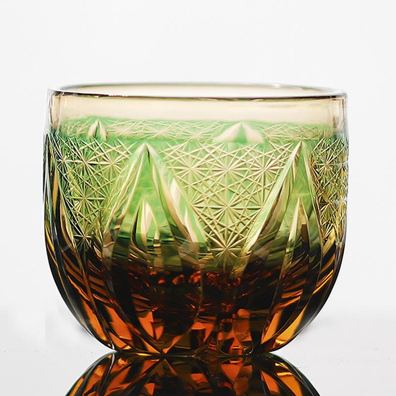 

Jinzhi Japanese-style Korean-style Edo cut Baijiu sake glass hand-carved glass Jiugongge cuisine flame pattern зелений
