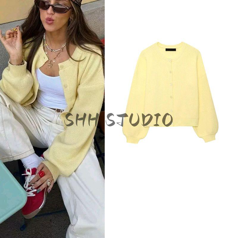 Summer New Product Women's Clothes French Style Commute Style Loose Single Row Multi-Buckle Round Neck Lantern Sleeve Knitting Cardigan Outwear