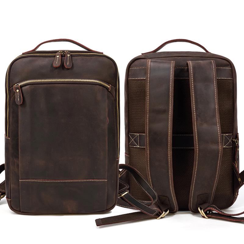 Retro Backpack Double Zipper Main Bag Leather Backpack Large Capacity Mad Horse Leather Outdoor Travel Bag Leisure Computer Bag