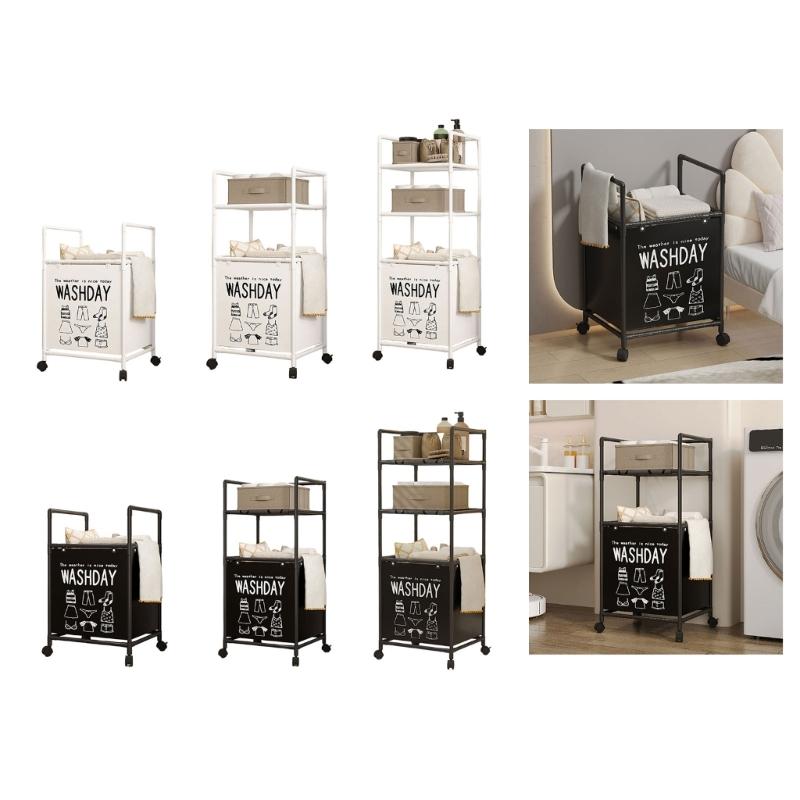 Sturdy Metal Frame Laundry Hamper Rolling Wheels Foldable Designs Removable Shelves for Home Organization Daily Use