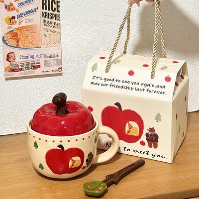 Niedliche Frühstückstasse mit Deckel und Löffel für Büro-Trinkwasser, Paar-Wassertasse, Geburtstagsgeschenk für Frauen, Apfel-Keramiktasse, Becher