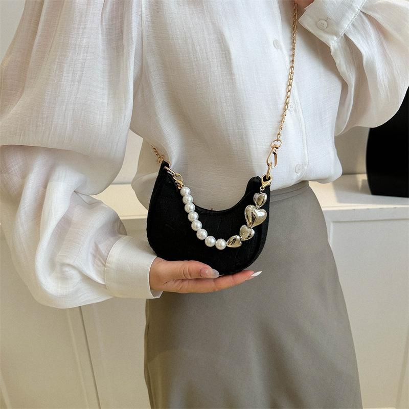 Trendy Solid Color Women's Mini Bags  Summer Temperament Fashion Chains Crossbody Pack Chic Pearl Handbag
