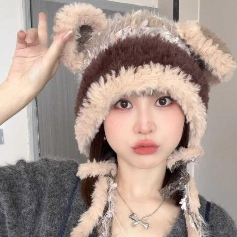 

Плюшевая панама из искусственного меха, корейская женская пушистая шляпа, зимняя милая шапка с ушками медведя, универсальная бежевый
