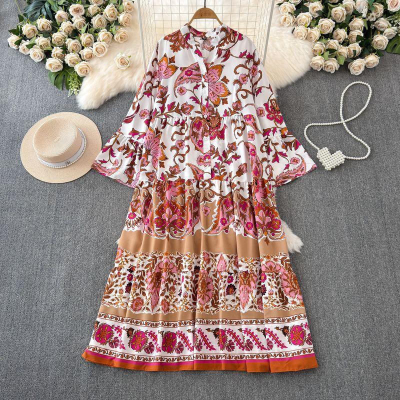 

Fancy Light Luxury Temperament Horn Long Sleeves V-neck Loose Slim Looking Single-Breasted Print Dress Elegance Long Skirt White background color One size