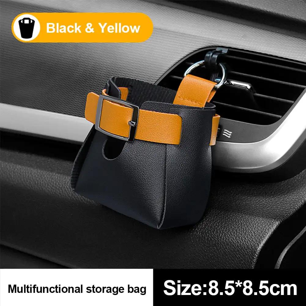 Car Air Outlet Leather Pouch Storage Bag Clip Hooks Auto Interior Box Organizer Phone Holder Car Air Vent Pouch Car Accessories