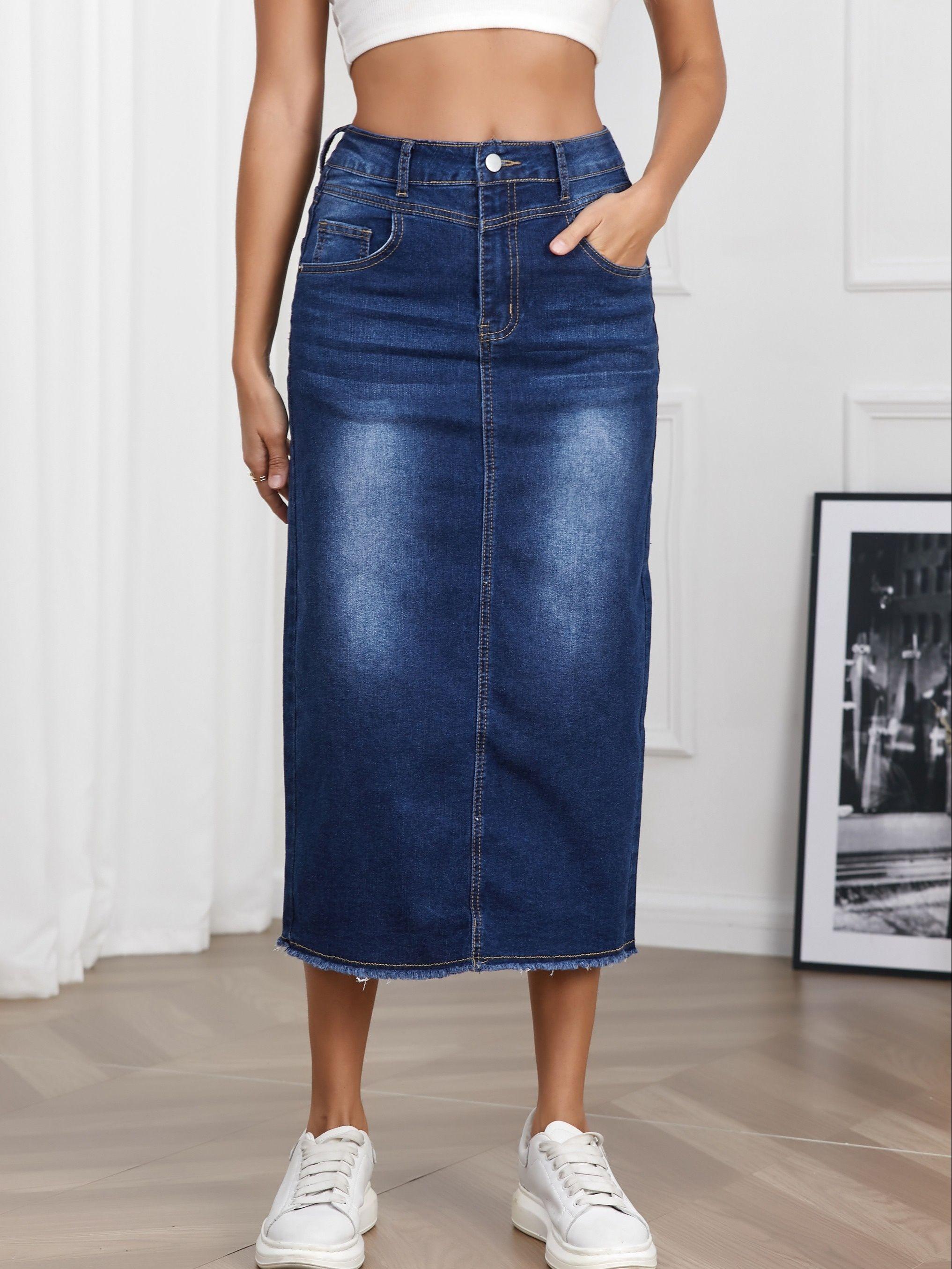 Puffanpop Женская джинсовая миди-юбка облегающего кроя, винтажная стирка, необработанный край, повседневная юбка-карандаш, синяя S синий