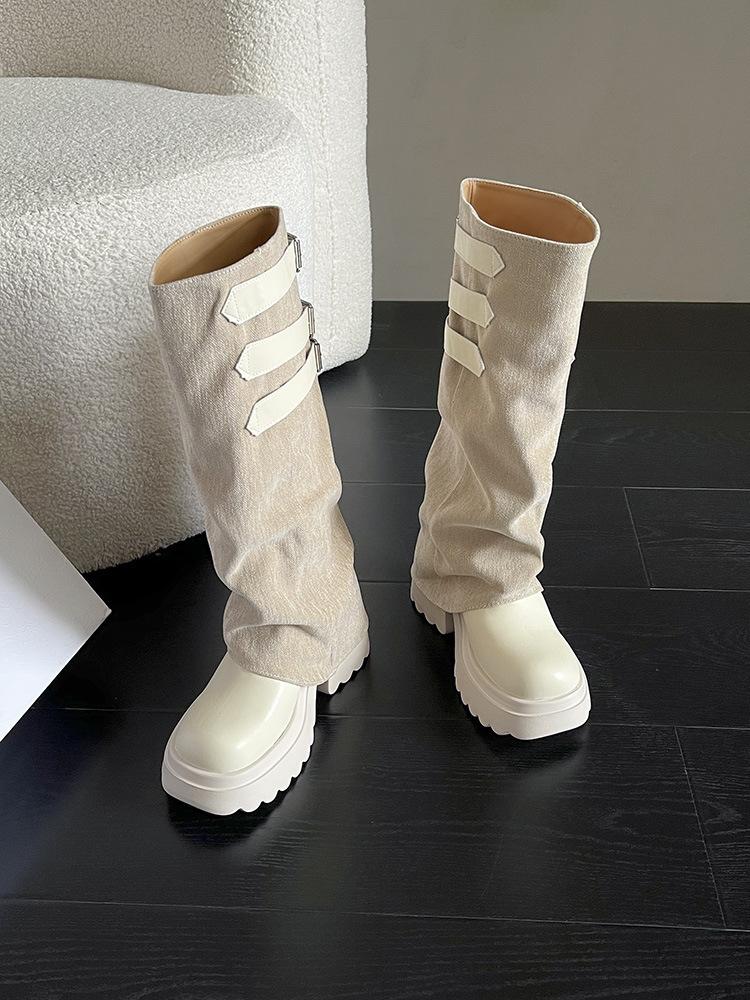 

thick-soled trouser tube boots for women 2025 autumn and winter white pleated pile niche thick-soled knight boots for women 40 хаки