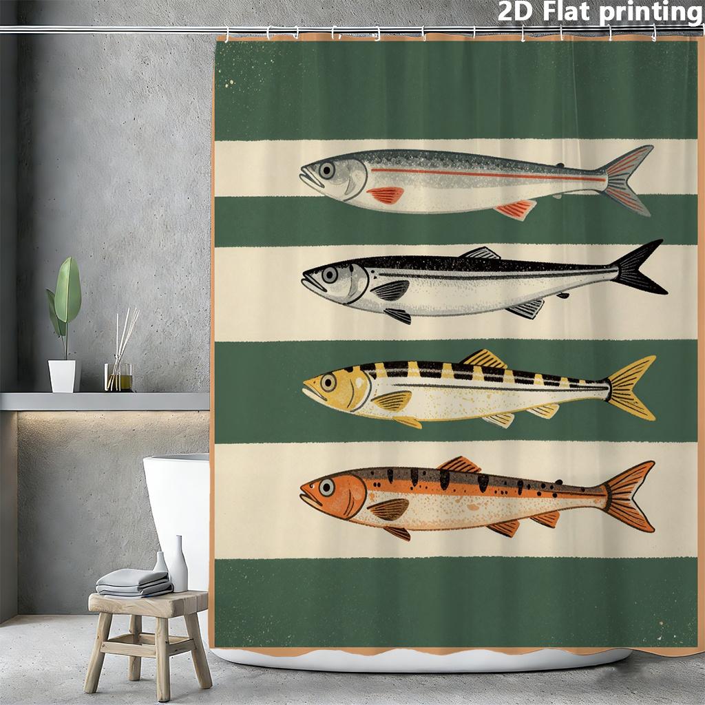Vintage Fisch Illustration Duschvorhang Nautische Streifen Wissenschaftliches Diagramm Meeresleben Badezimmer Dekor Wasserdicht Retro Bad