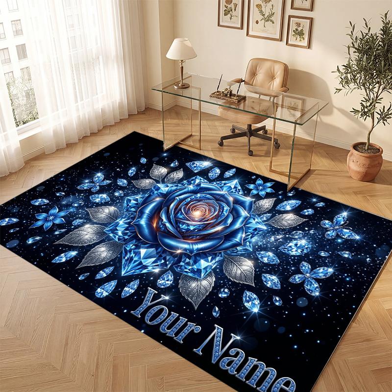 Floral Garden Theme Soft Crystal Velvet Rug Custom Name & Text Print Non Slip Floor Rug for Bedroom Living Room