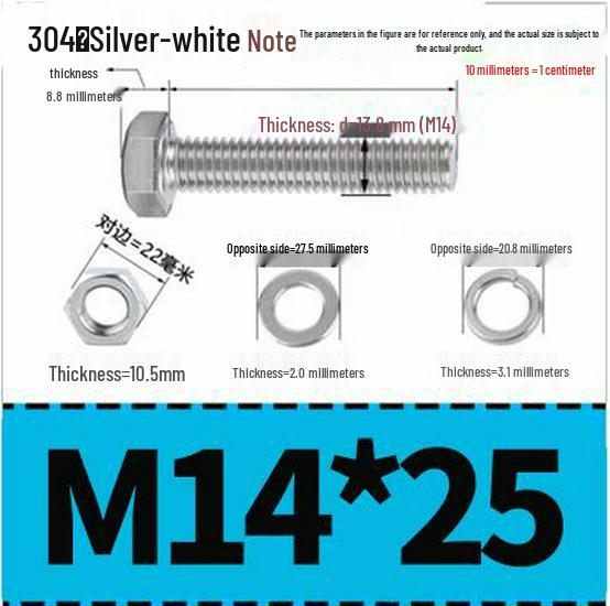 304 Stainless Steel Hex Head Bolt and Nut Set M6-M14, Lengths 8-100mm
