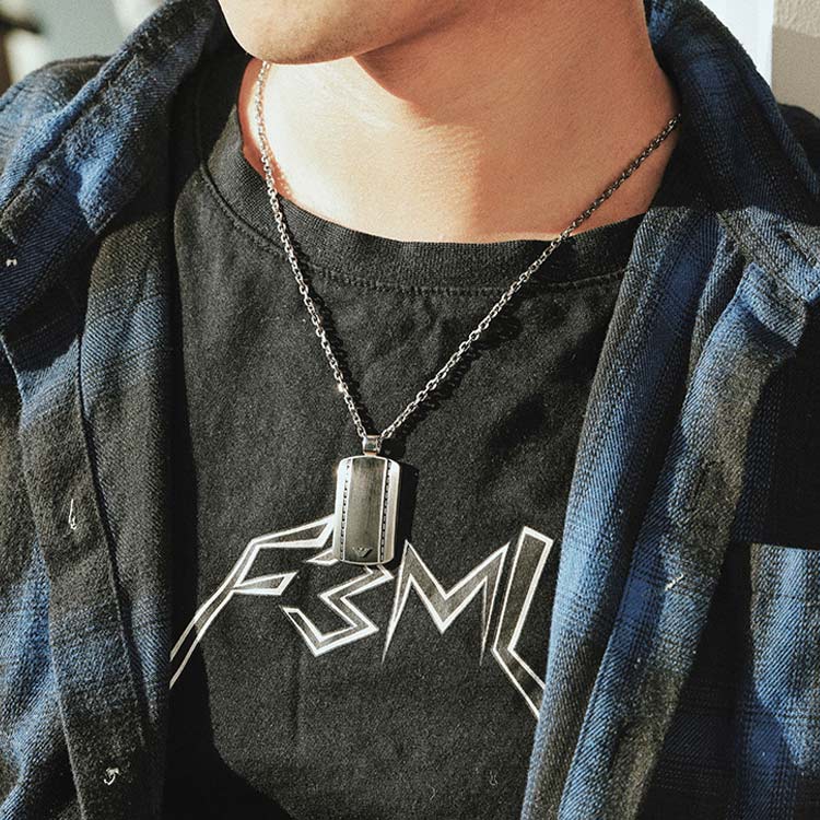 Emporio Armani Silver And Black Personality Stainless Steel Necklace Men Necklace EGS1921040