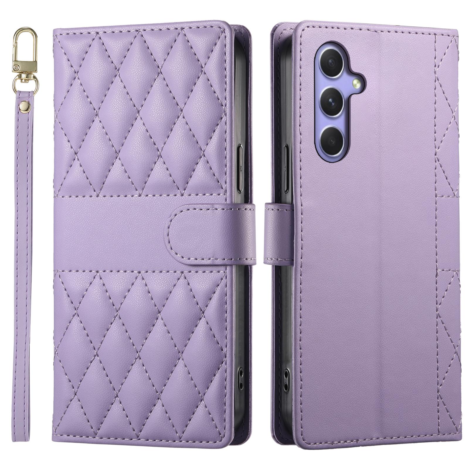 

For Samsung Galaxy A55 5G Case Rhombus Stitching Wallet Stand Leather Phone Cover with Long/Short Strap Purple