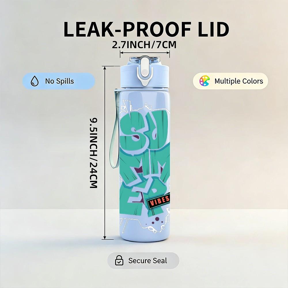 1PC Korean Hangul Text Minimalist Art Print 750ml Color Plastic Sports Water Bottle Leakproof Flip Straw Lid Suitable for Sports Office Home Use