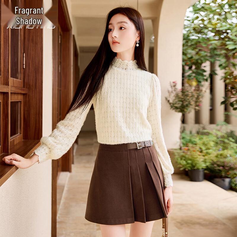 Xiangying Women s Semi-High Collar Lace Long-Sleeve Base Layer Top M