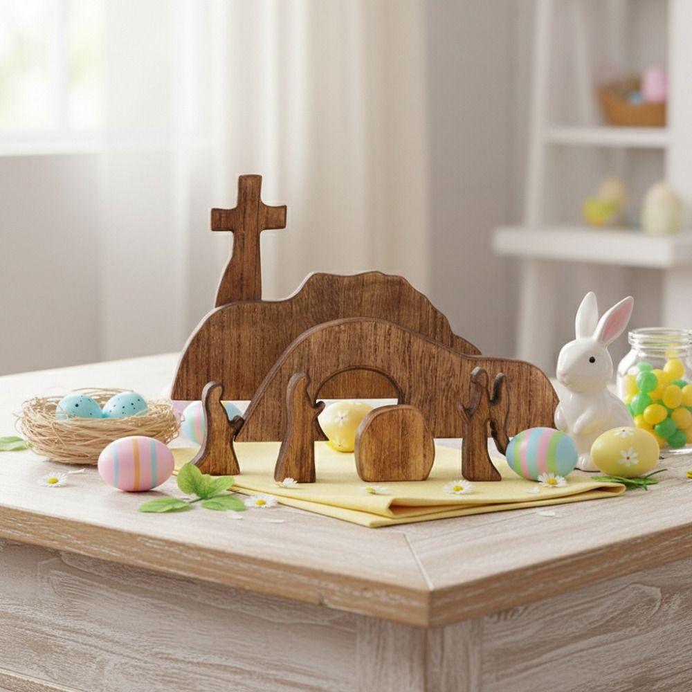 Ornement de scène de Pâques Tombeau Vide en Bois Portable Mini Décoratif Plateau Tombeau de Jésus Ensemble Ornement de Croix de Pâques DIY Cadeau